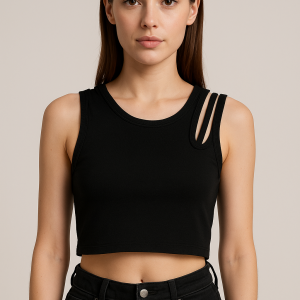 Top nero asimmetrico con doppia spalla